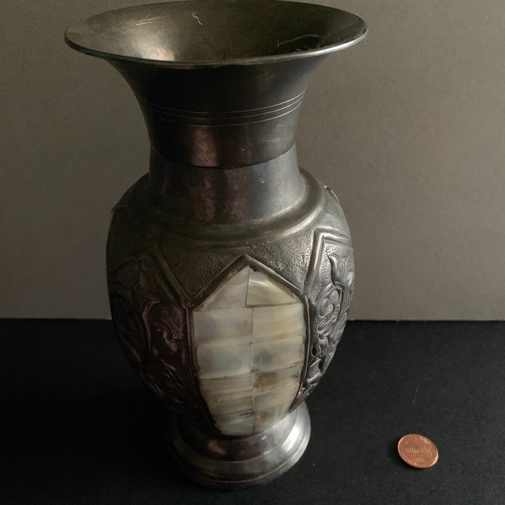 Vintage Metal/Brass Flower Vase w/ Mother of Pearl Inlay